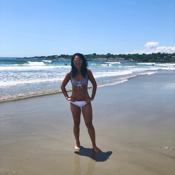 NWT Lace-up Front Bralette Bikini Top BlueStripe-S - Picture 6 of 6